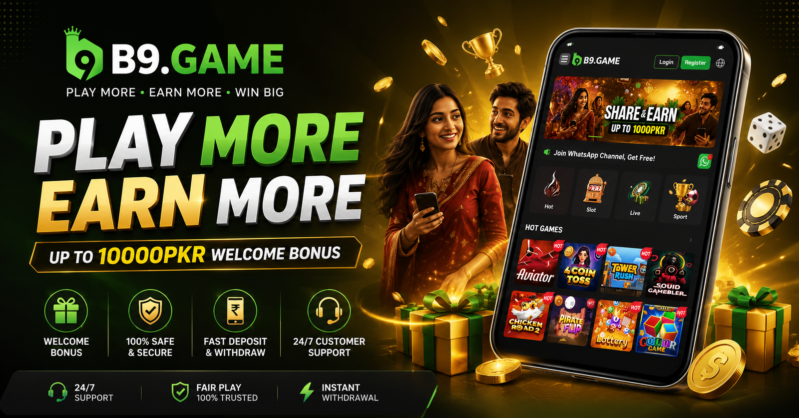 B9 Game official banner — Play More, Earn More, up to Rs 10,000 welcome bonus